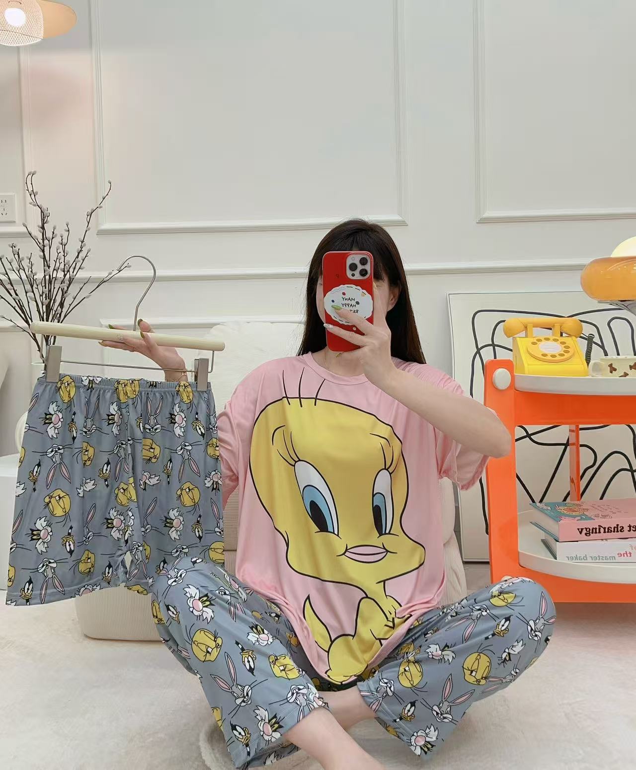 Women’s Double-Sided Milk Silk Cartoon Pajama Set (3-Piece)