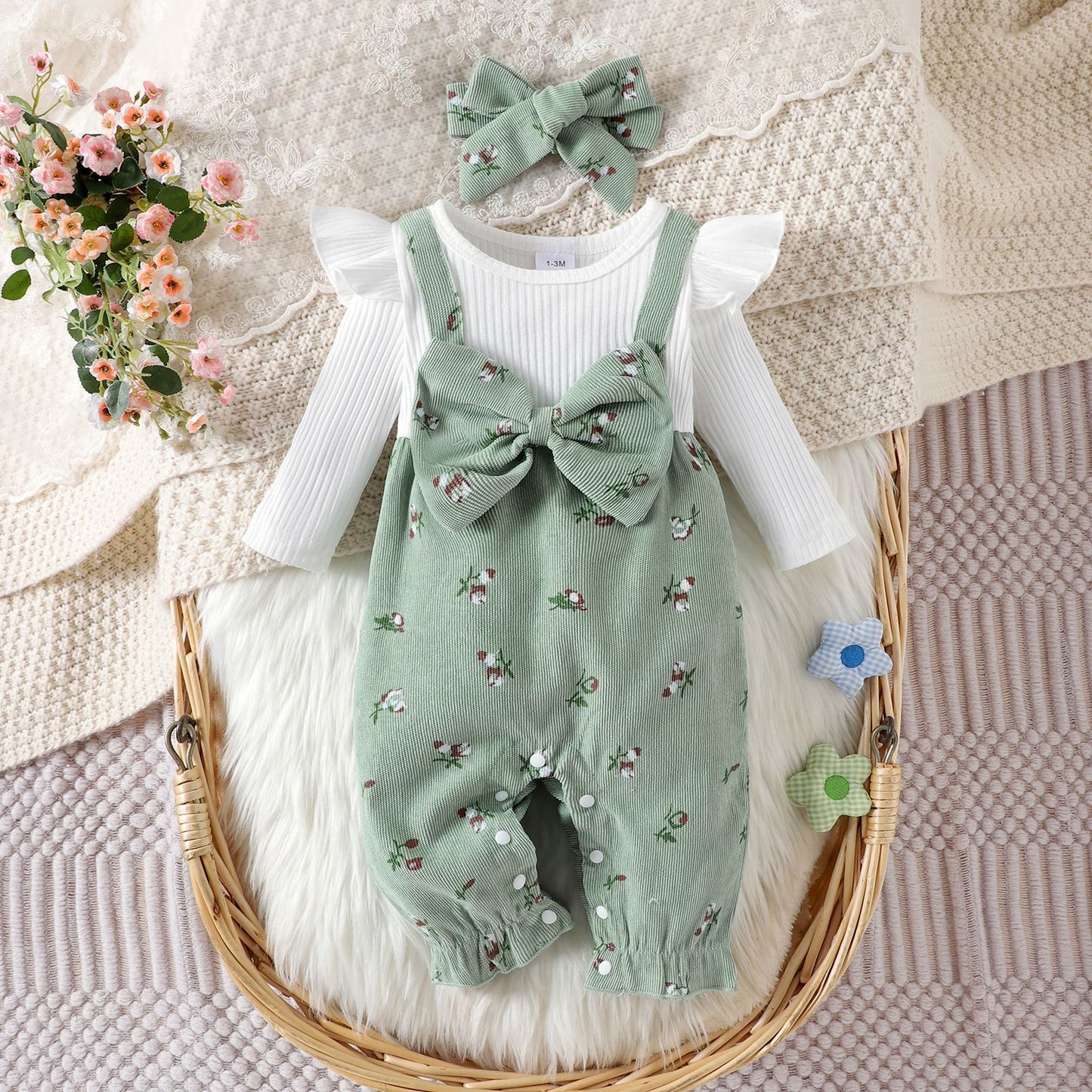 Baby Girls’ Headband, Top & Overall 3-Piece Set