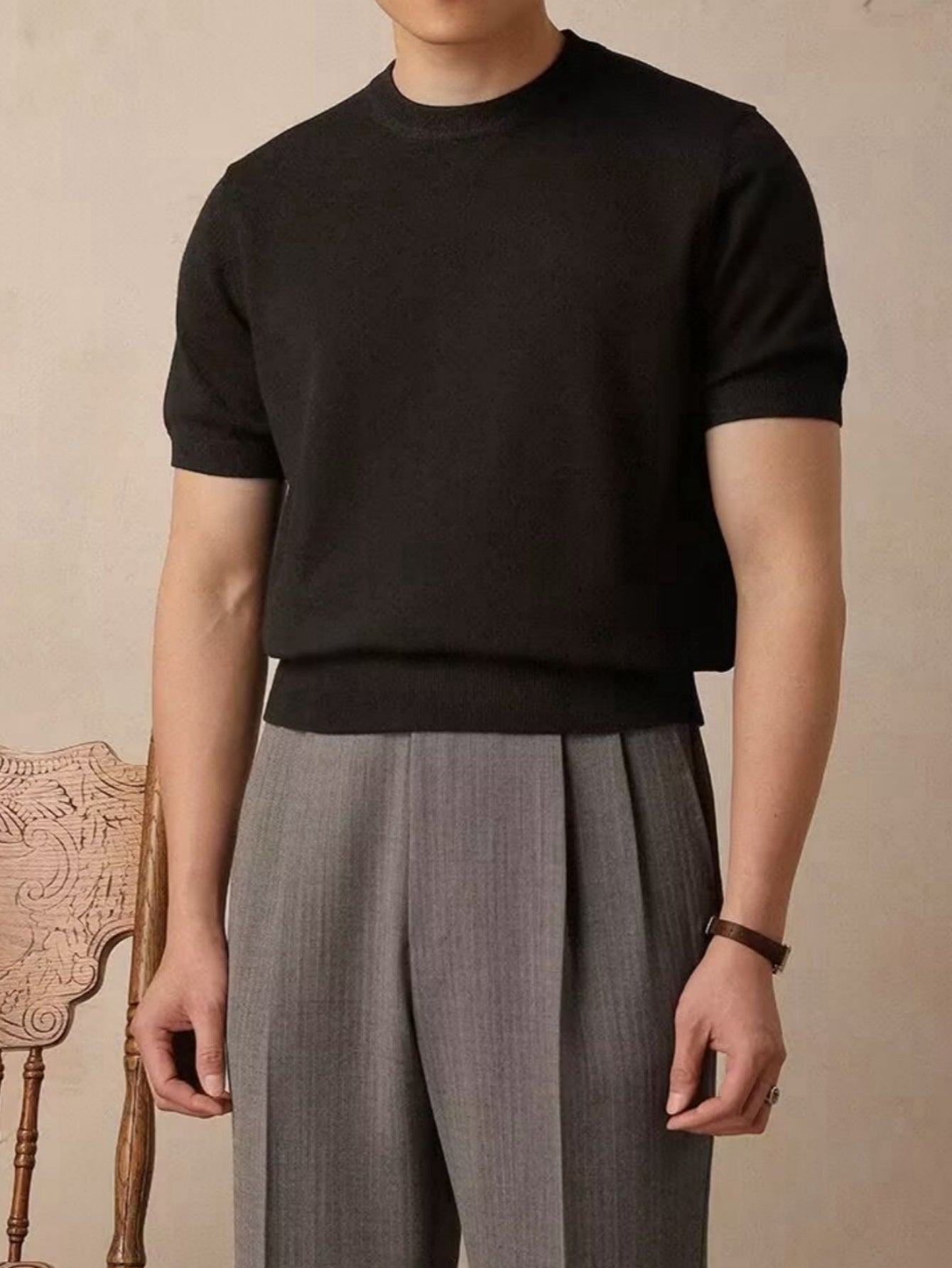 Men’s Korean Style Ice Silk Knitted Crew Neck T-Shirt