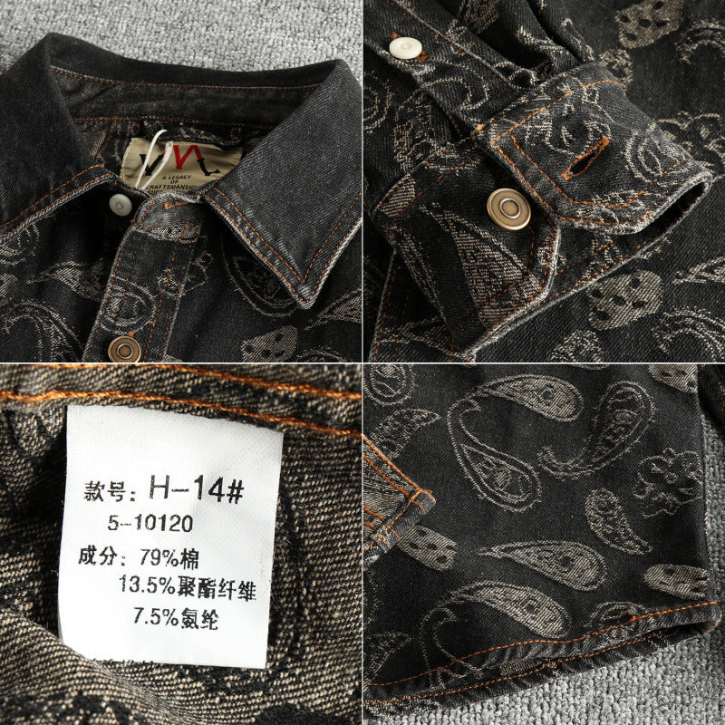 Men’s Retro Yarn-Dyed Floral Denim Shirt Jacket
