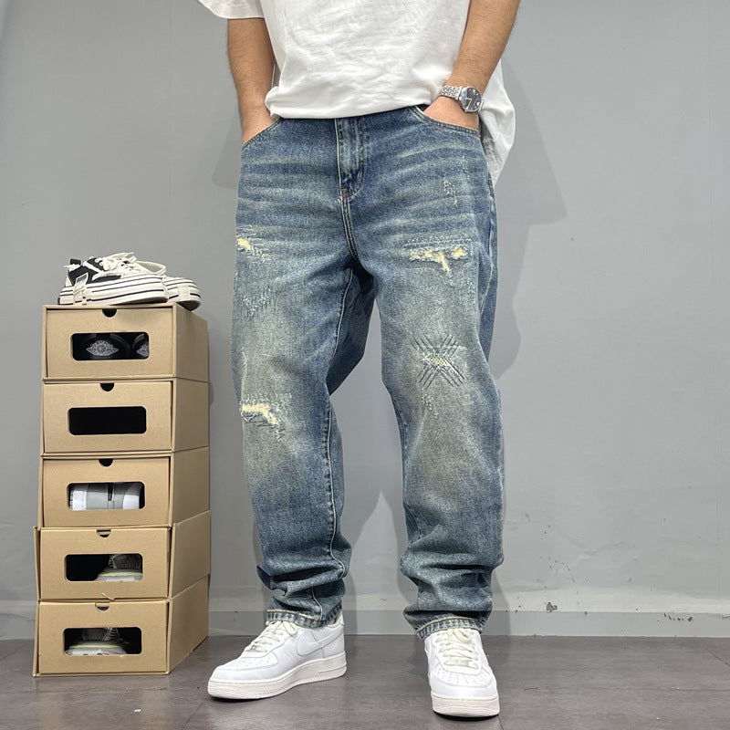 Men’s Ripped Patchwork Straight-Leg Denim Jeans