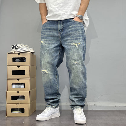 Men’s Ripped Patchwork Straight-Leg Denim Jeans
