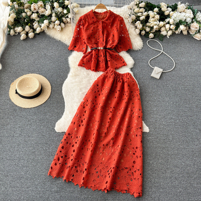 Women’s Ruffled Shirt & Pleated Midi Skirt Set
