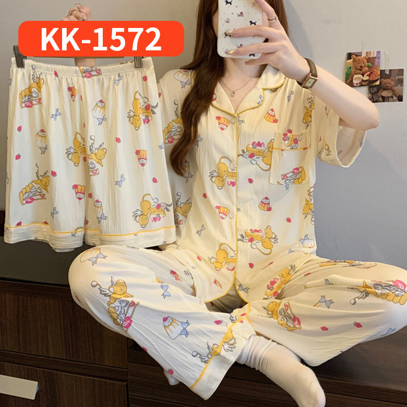 Women’s Korean Style Striped Bow 3-Piece Pajama Set