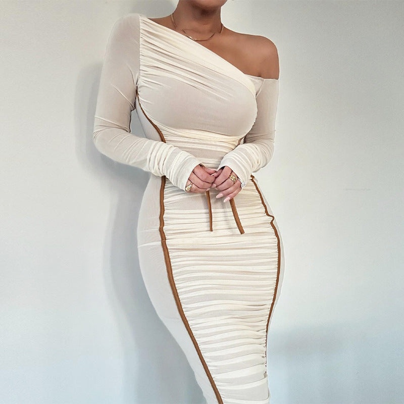 Women’s Mesh Patchwork Asymmetrical Pleated Midi Dress