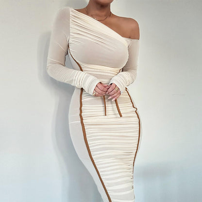 Women’s Mesh Patchwork Asymmetrical Pleated Midi Dress