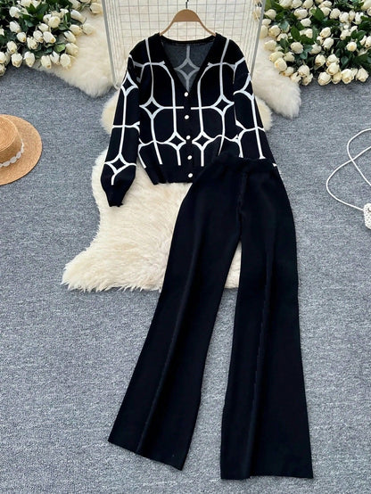 Women’s Jacquard V-Neck Knitted Two-Piece Cardigan Set