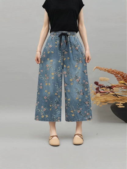 Women’s Printed Wide-Leg Cropped Jeans with Drawstring Waist