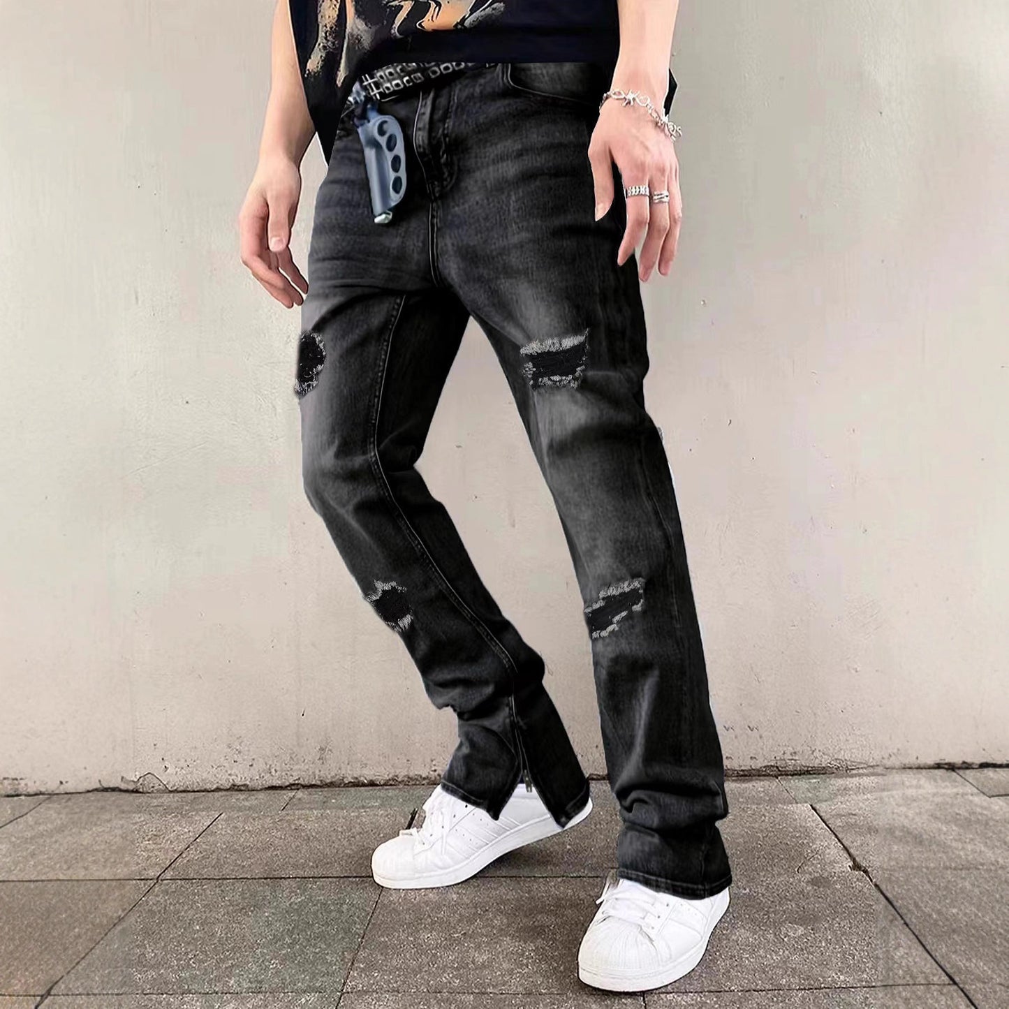 Men’s Ripped Zipper Wash Denim Jeans