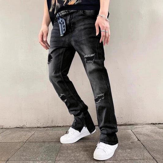 Men’s Ripped Zipper Wash Denim Jeans
