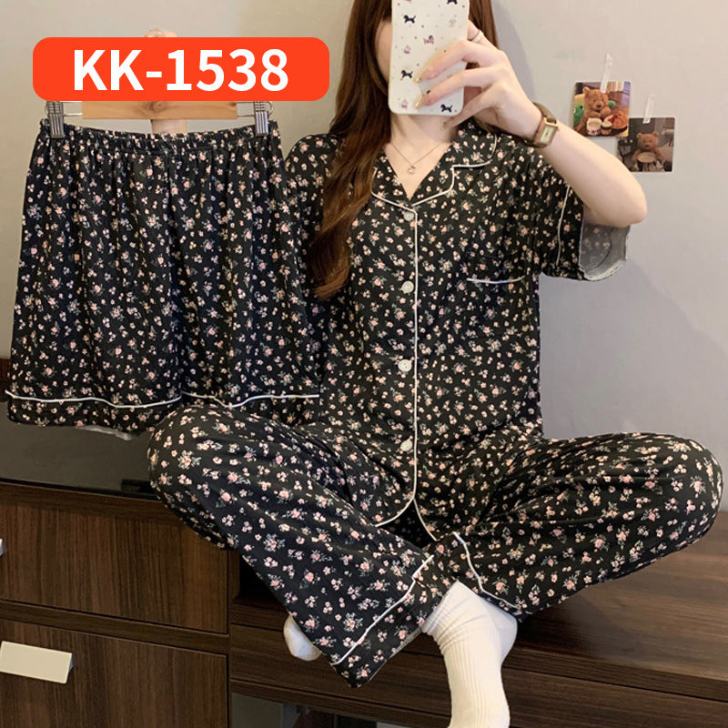 Women’s Korean Style Striped Bow 3-Piece Pajama Set