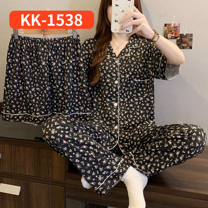 Women’s Korean Style Striped Bow 3-Piece Pajama Set