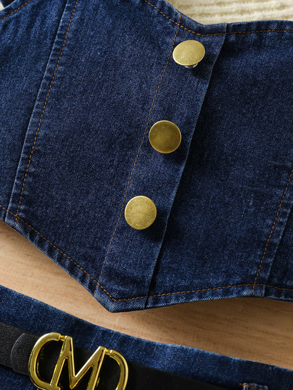 Girls’ Flutter Sleeve Top & Pleated Denim Skirt Set