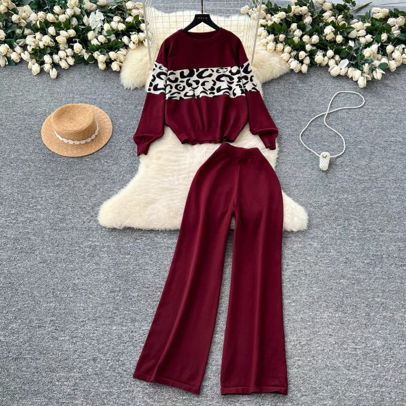 Women’s Leopard Print Knit Top & Wide-Leg Pants Set