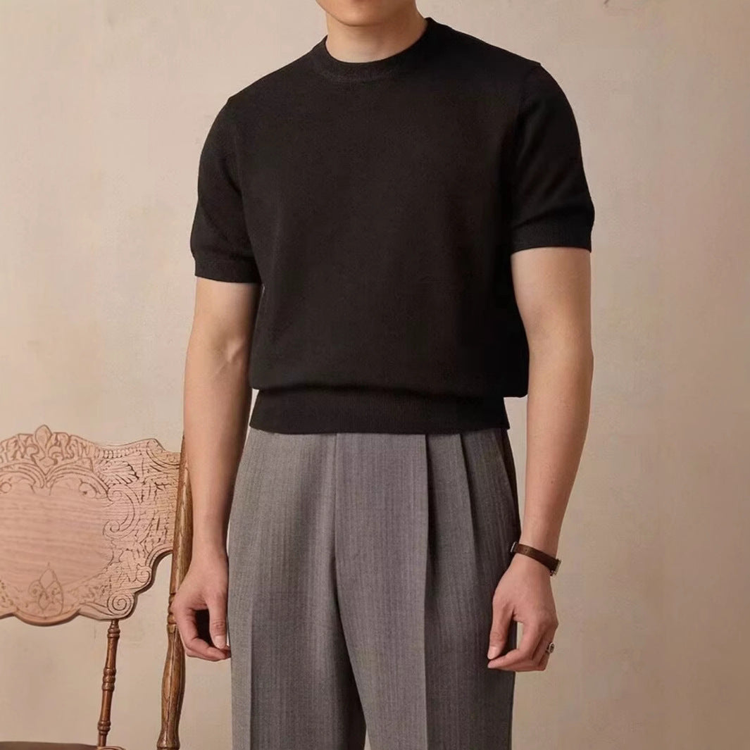 Men’s Korean Style Ice Silk Knitted Crew Neck T-Shirt