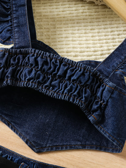 Girls’ Flutter Sleeve Top & Pleated Denim Skirt Set