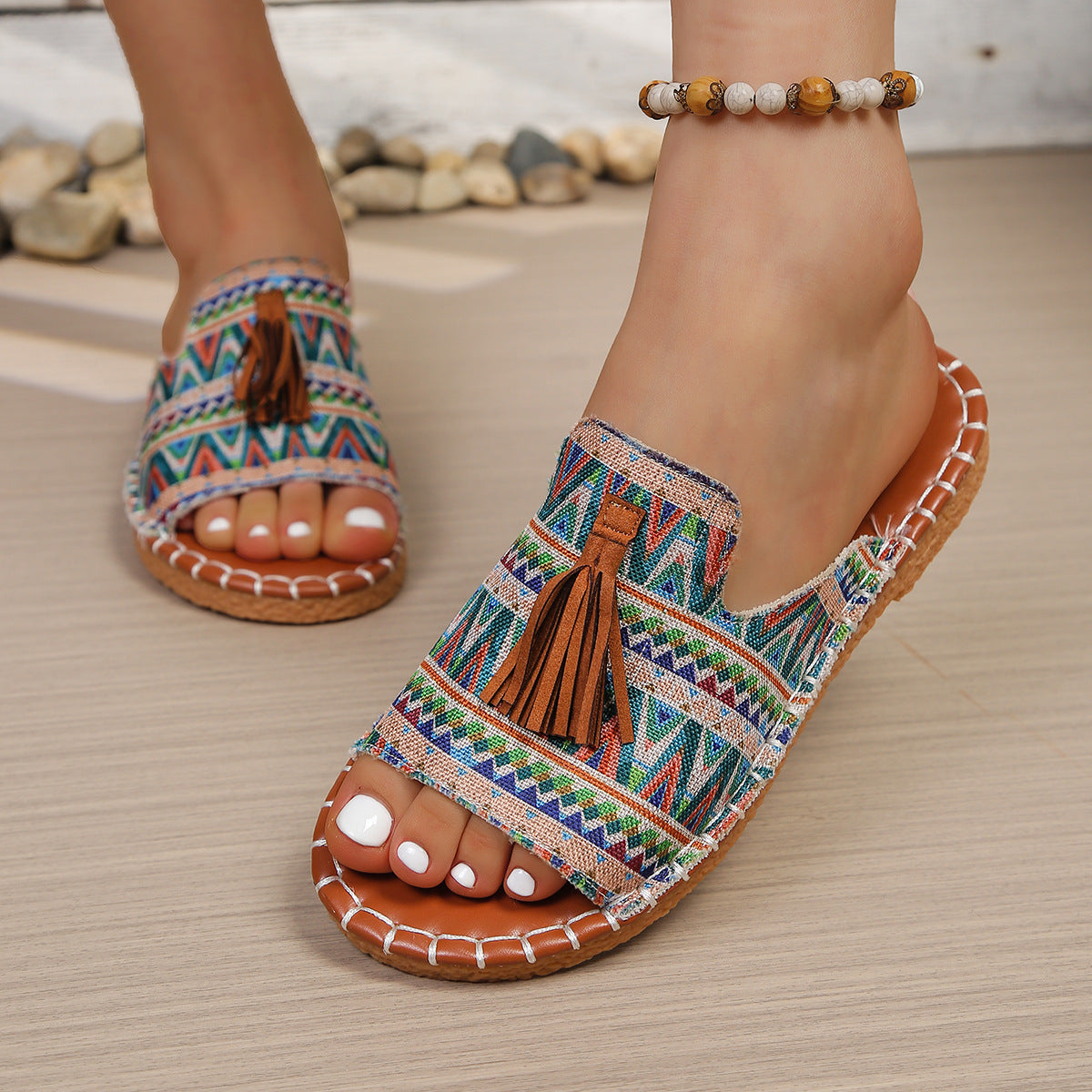 Women’s Tassel One-Strap Flat Beach Slippers