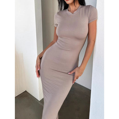 Women’s Solid Color Slim Fit Short Sleeve Midi Dress