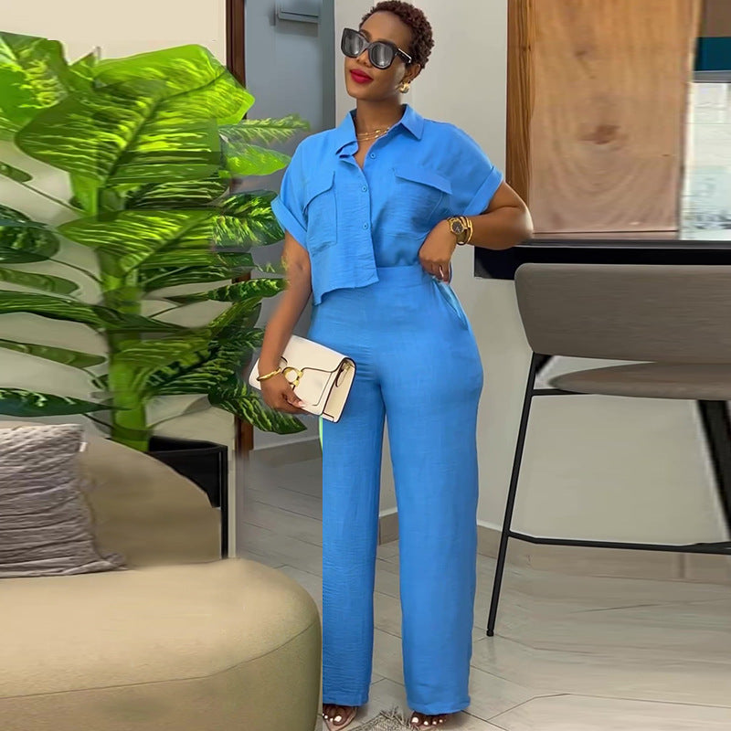 Women’s Lapel Short Sleeve Shirt & Wide Leg Pants Set