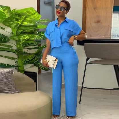 Women’s Lapel Short Sleeve Shirt & Wide Leg Pants Set