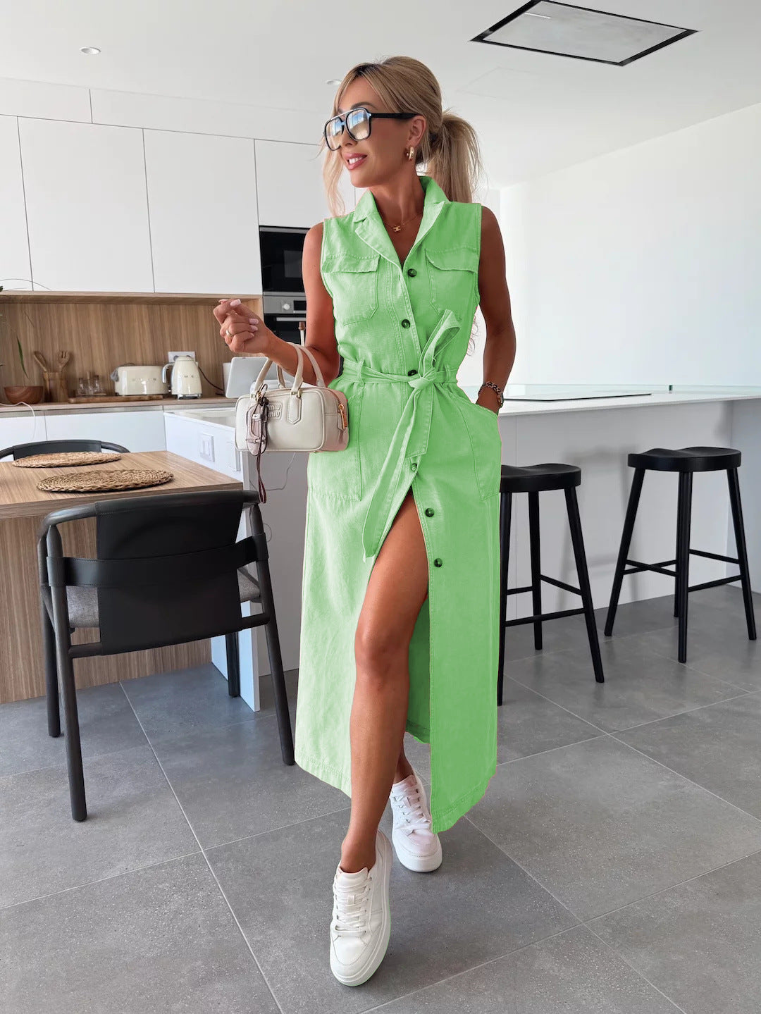 Women’s Sleeveless Lace-Up Waist Denim Dress