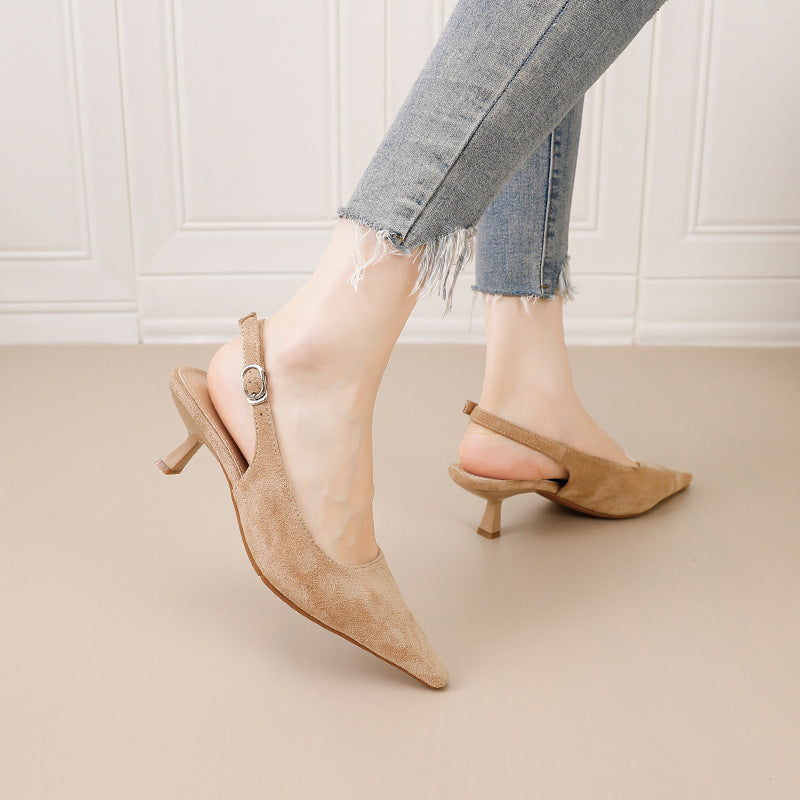Women’s French Pointed Toe Suede Mid-Heel Sandals