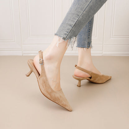 Women’s French Pointed Toe Suede Mid-Heel Sandals