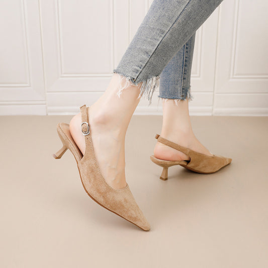 Women’s French Pointed Toe Suede Mid-Heel Sandals