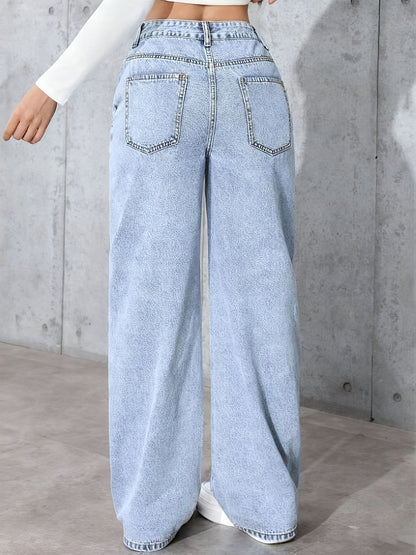 Women’s Rhinestone Washed Wide-Leg Jeans