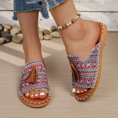 Women’s Tassel One-Strap Flat Beach Slippers