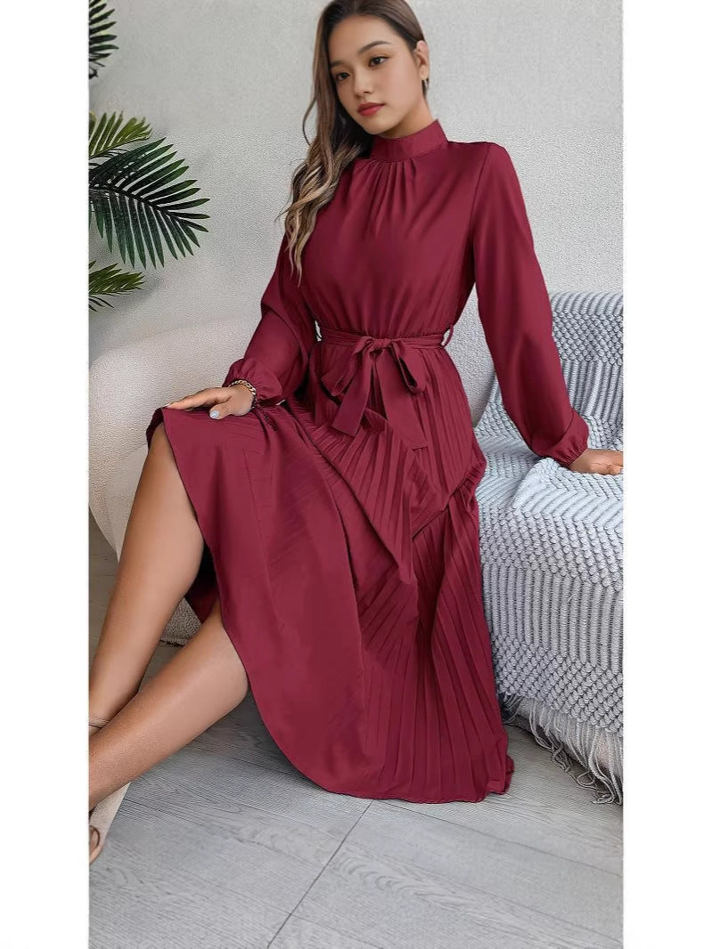 Women’s Elegant Pleated Stand Collar Long Gown
