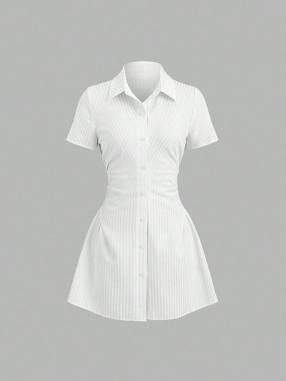 Women’s Puff Sleeve V-Neck Pleated Shirt Dress
