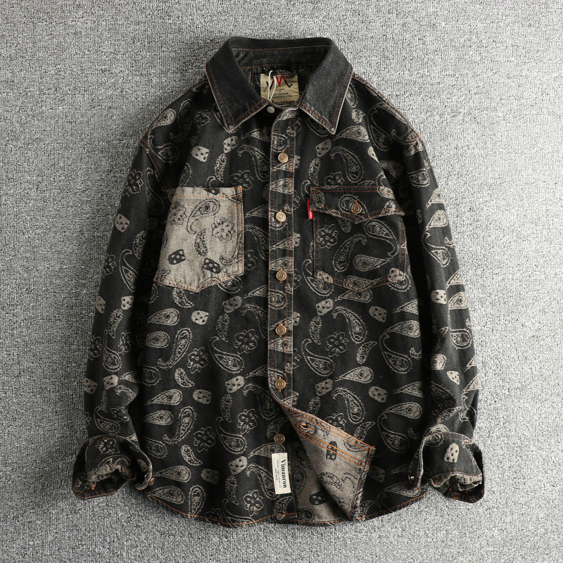 Men’s Retro Yarn-Dyed Floral Denim Shirt Jacket
