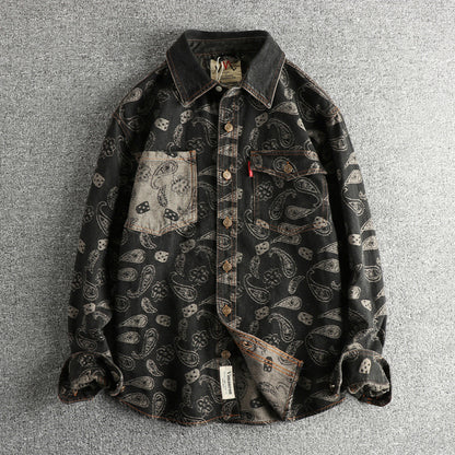 Men’s Retro Yarn-Dyed Floral Denim Shirt Jacket