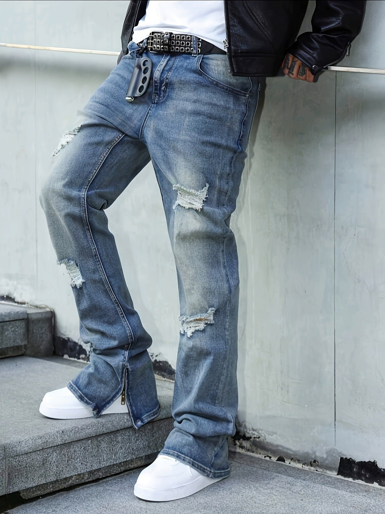 Men’s Ripped Zipper Wash Denim Jeans