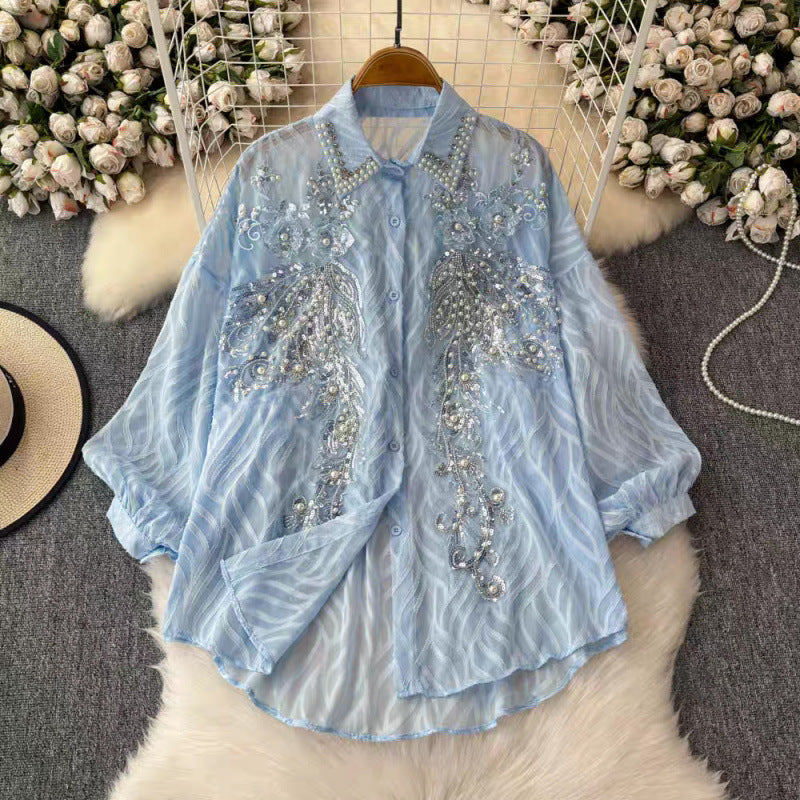 Women’s Sequin Embroidered Balloon Sleeve Blouse