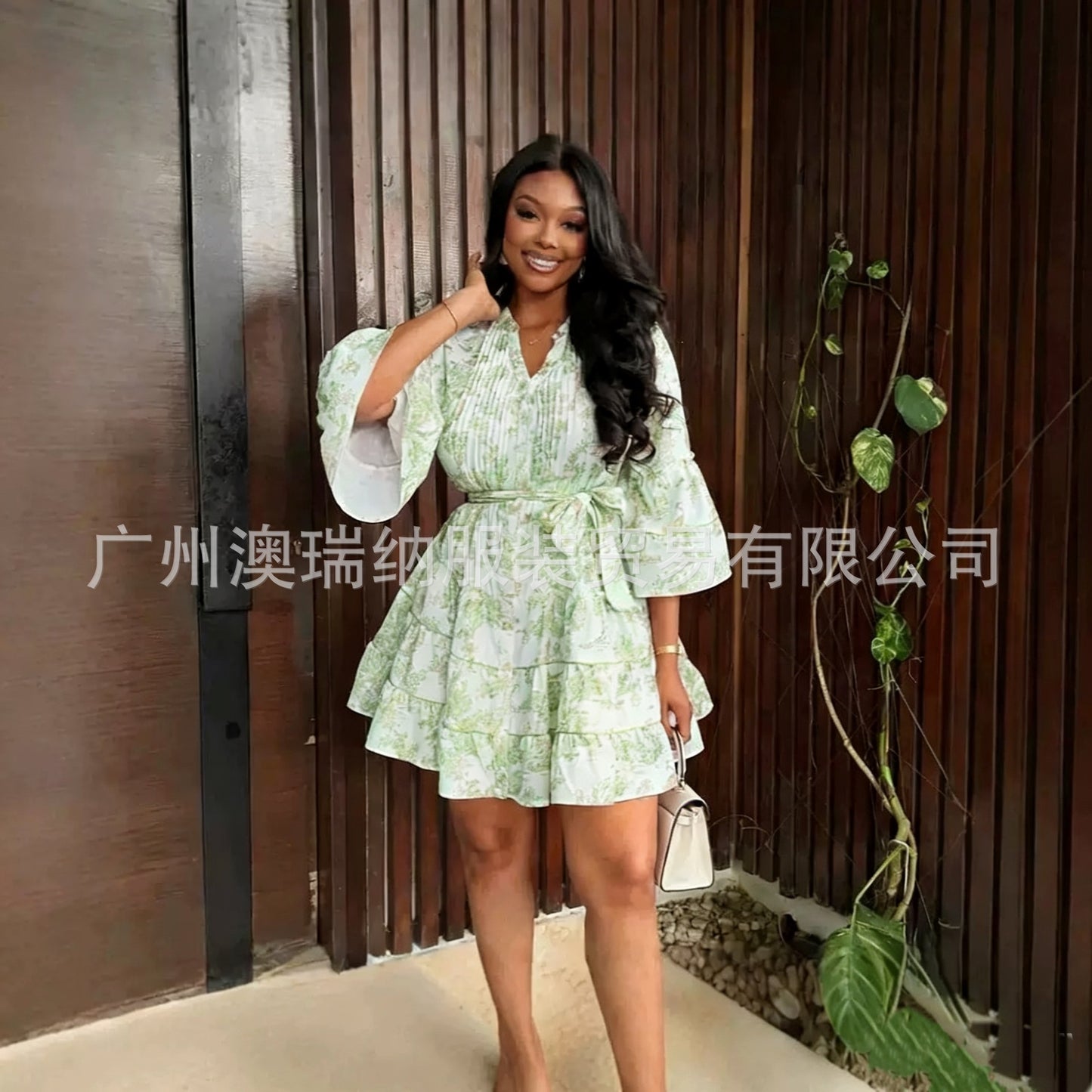 Women’s V-Neck Flared Sleeve Ruffle Dress