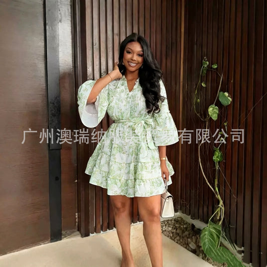 Women’s V-Neck Flared Sleeve Ruffle Dress
