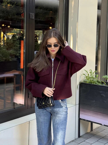 Women’s Woolen Lapel Pocket Jacket