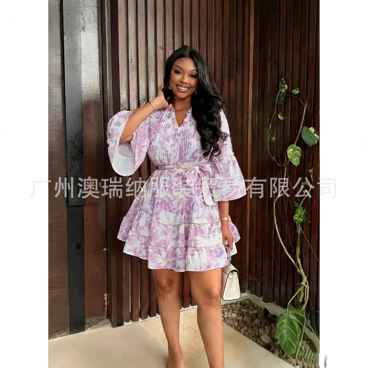 Women’s V-Neck Flared Sleeve Ruffle Dress