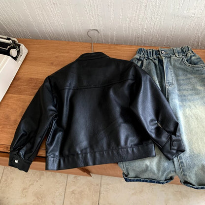 Kids’ Vintage Stand Collar Leather-Look Jacket