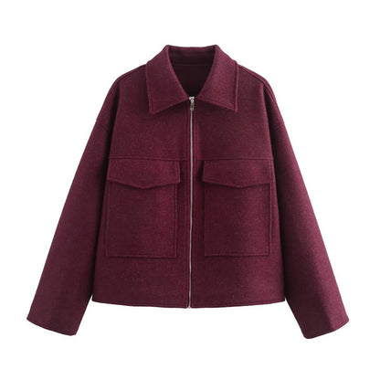 Women’s Woolen Lapel Pocket Jacket