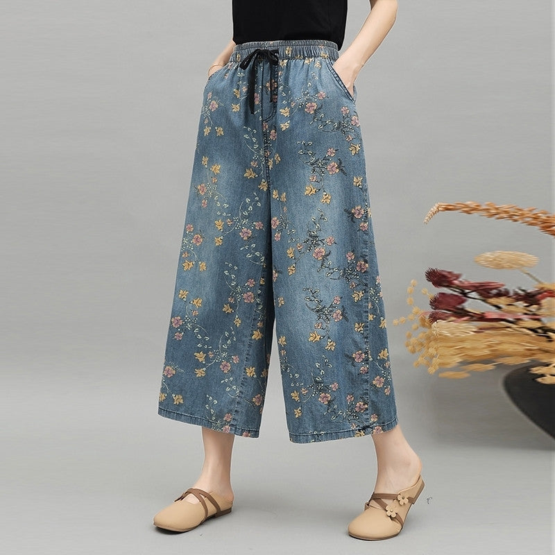 Women’s Printed Wide-Leg Cropped Jeans with Drawstring Waist