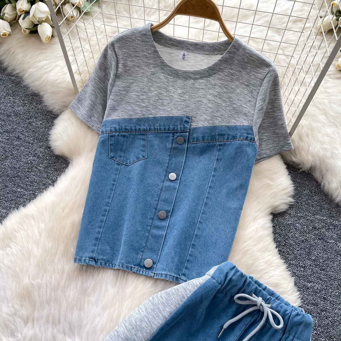 Women’s Retro Denim Two-Piece Wide-Leg Set