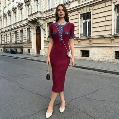 Women’s Denim Patchwork Knitted Slim Midi Dress