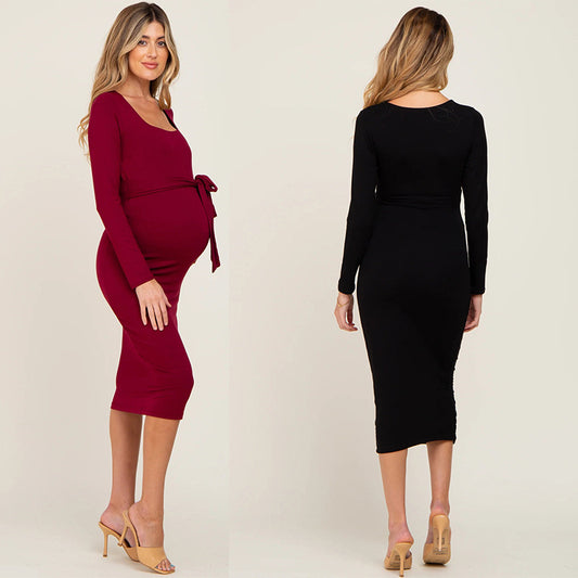 Women’s Long Sleeve Belted Maternity Dress
