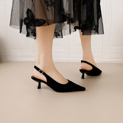 Women’s French Pointed Toe Suede Mid-Heel Sandals