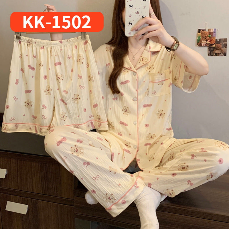 Women’s Korean Style Striped Bow 3-Piece Pajama Set