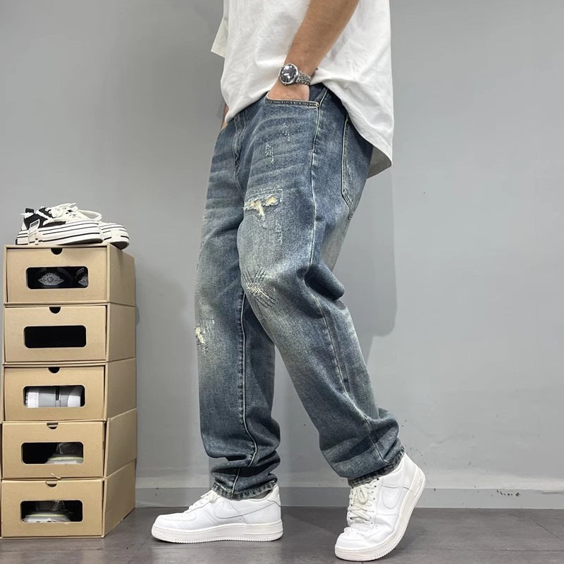 Men’s Ripped Patchwork Straight-Leg Denim Jeans