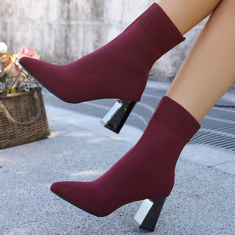 Women’s Pointed-Toe Knit Sock Ankle Boots